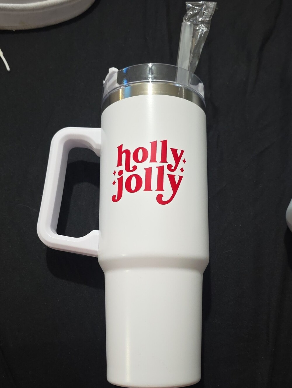 Kohl's White Travel Mug with Red "holly jolly" Graphic
